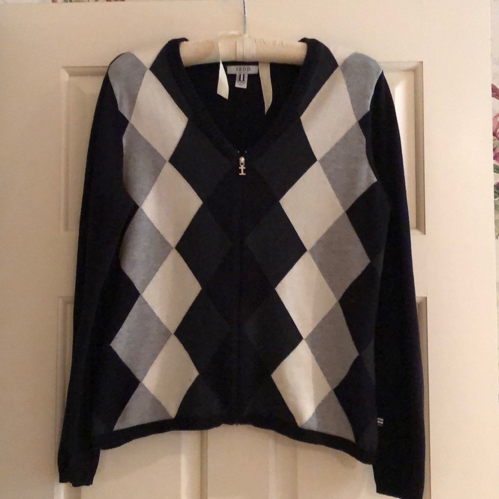 Izod 100% cotton argyle print zipper cardigan. Size Petite medium